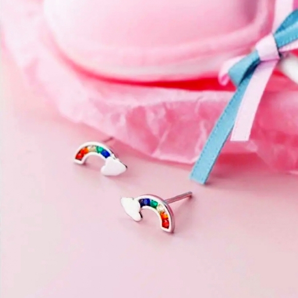 Rainbow Gemstones Silver S925 Cloud Stud Earrings - Picture 1 of 6